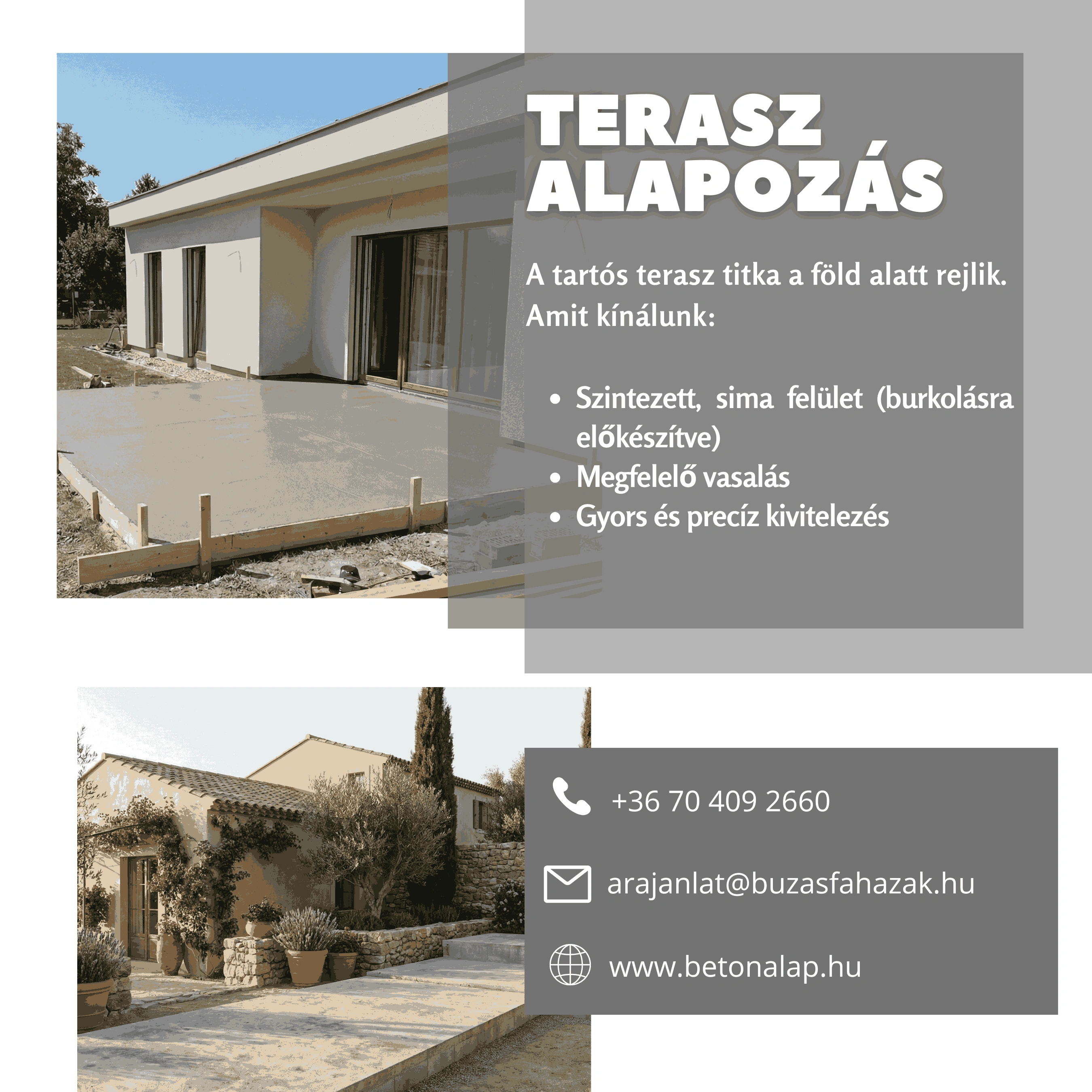 Beton kocsibeálló és terasz készítése - minőségi betonalap kivitelezés 30 m²-ig.